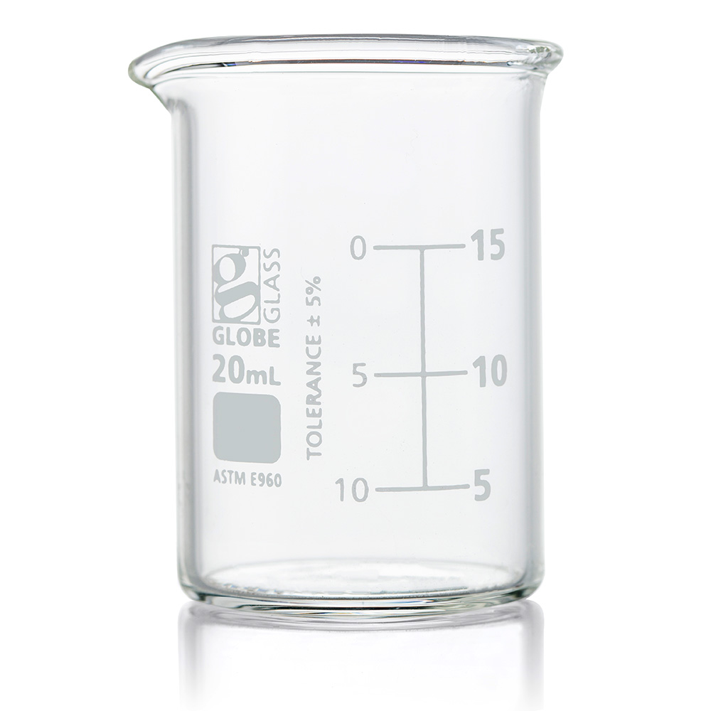 Globe Scientific Beaker, Globe Glass, 20mL, Low Form Griffin Style, Dual Graduations, ASTM E960, 12/Box beaker;beaker science;beaker glass;beaker chemistry;beaker lab;250 ml beaker;100 ml beaker;50 ml beaker